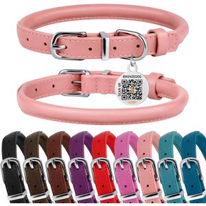 BRONZEDOG Rolled Leather Dog Collar for Small Medium Large Dogs with QR ID Tag (M: 14-16 Inch, Powder Pink)