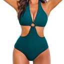 ELESOL Women's One Piece Swimsuits Tummy Control O Ring Cutout High Waisted Bathing Suit Tie Back Swimwear L