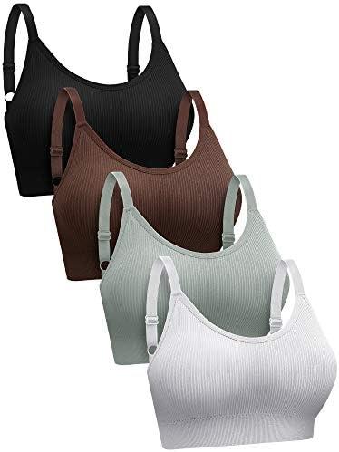 SATINIOR 4 Pack Women's Sports Bra, Padded Ribbed Cami Bra Seamless Bralette Wireless No Underwire Workout Tank Top (Large, White, Black, Coffee, Light Green)