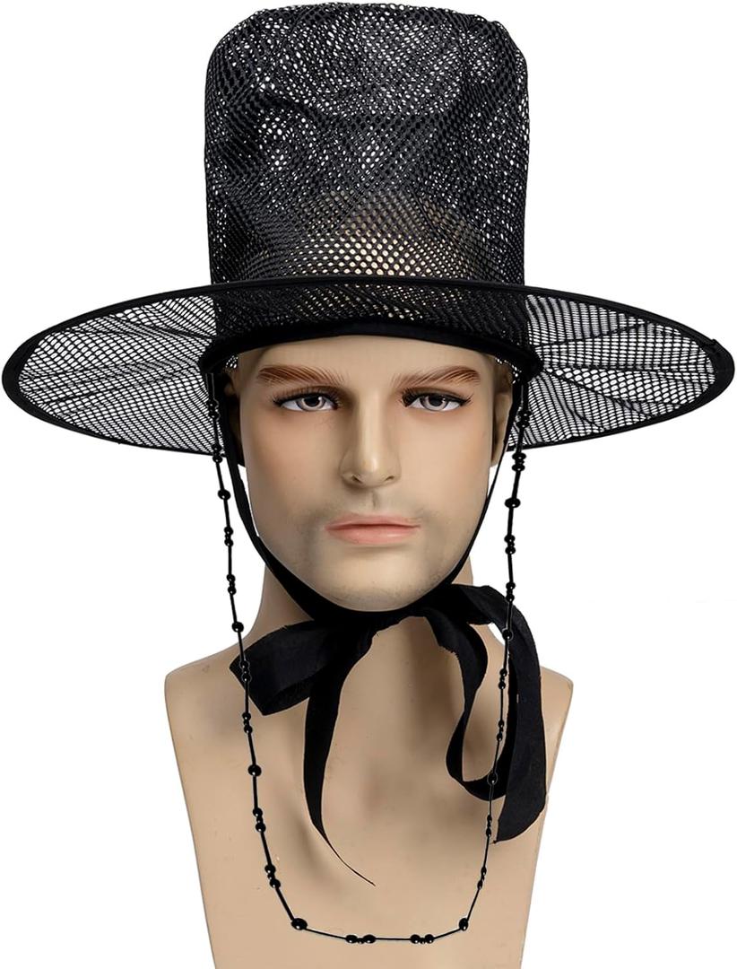 Vintage Style Black Mesh Top Hat with Beaded Neck Strap, Wide Brim Costume Accessory, Gothic Victorian Design