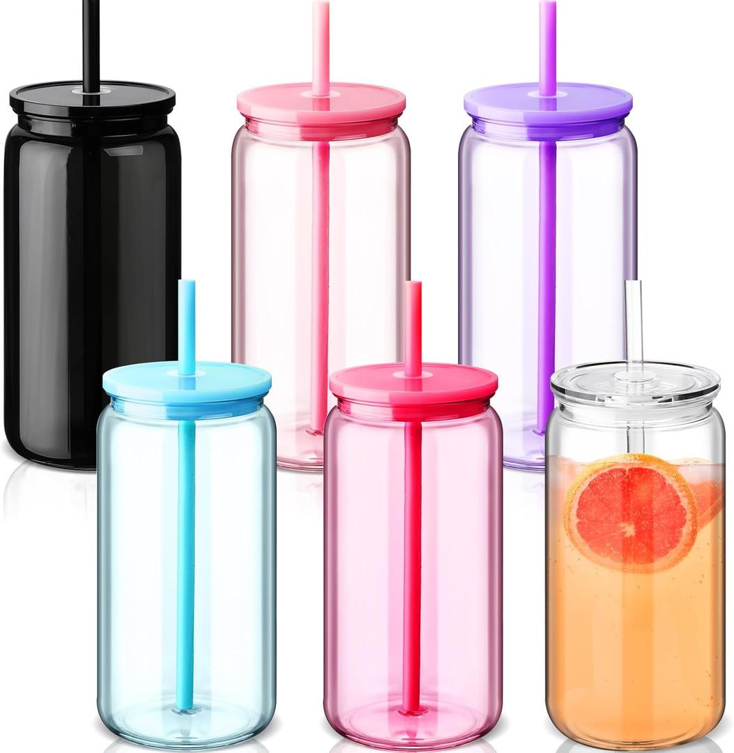 Blushtier 6 Acrylic Mason Jars with Lids and Straws 16 oz Drinking Plastic Tumbler with Straw Iced Coffee Cups Water Bottles Mugs for Wedding Party Favor Water Milk Beer Juice Beverage (Colorful)