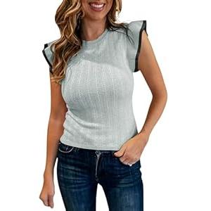 Saodimallsu Womens Summer Sleeveless Sweaters Vest Slimming Crewneck Cable Knit Ruffle Sweater Tank Tops Casual Work Tops (Large, Grey)