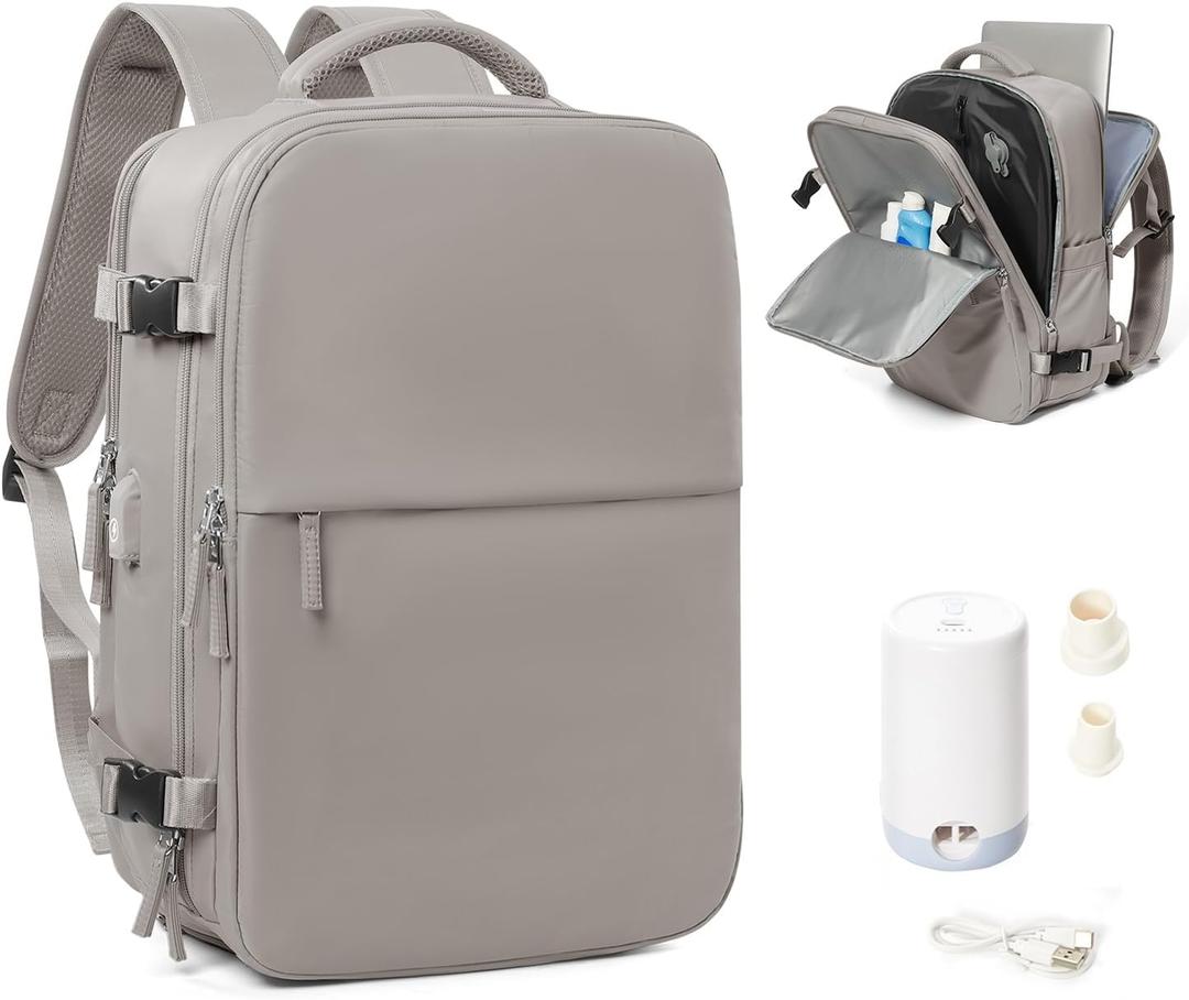 Vacuum Seal Compression Travel Backpack for Women Men Airback Vacpack Travel Vacuum Bags with Pump Laptop Backpack with Shoe Compartment Carry On Suitcase Luggage Flight Approved Grey Brown