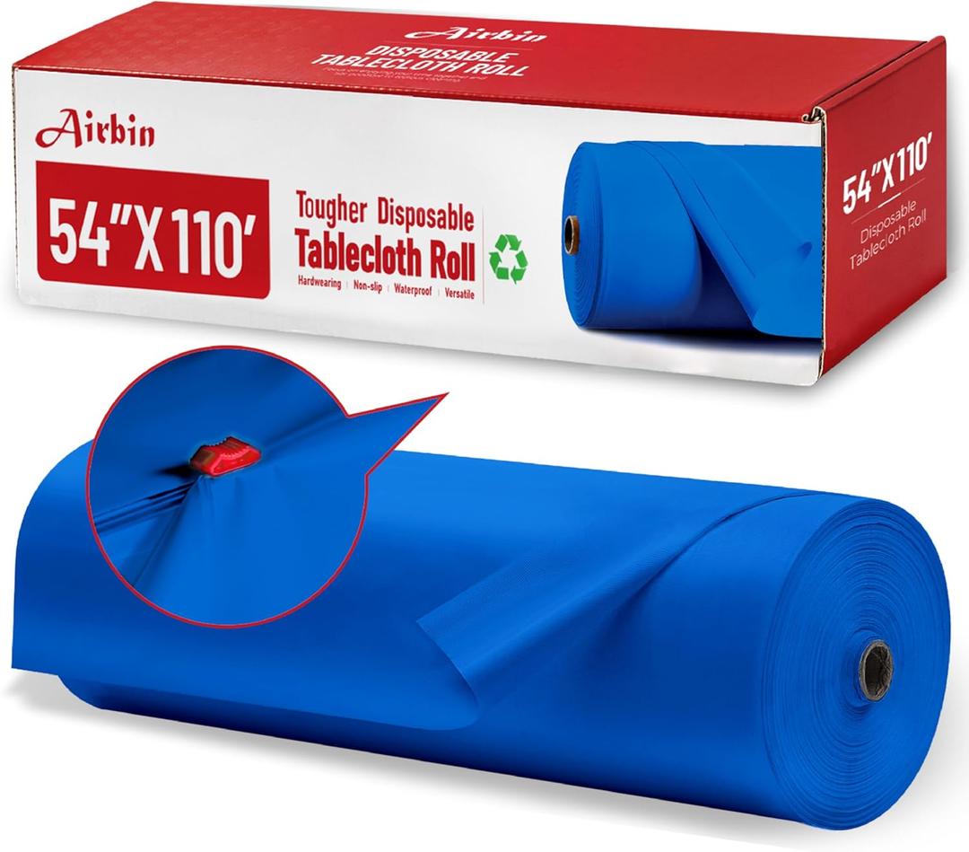 Plastic Table Cloth, 110 Ft X 54 in Disposable Tablecloth Royal Blue Tablecloth Premium PEVA Plastic Table Cloth Disposable with Any Cut Sliding Cutters for Parties, Birthdays, Festivals