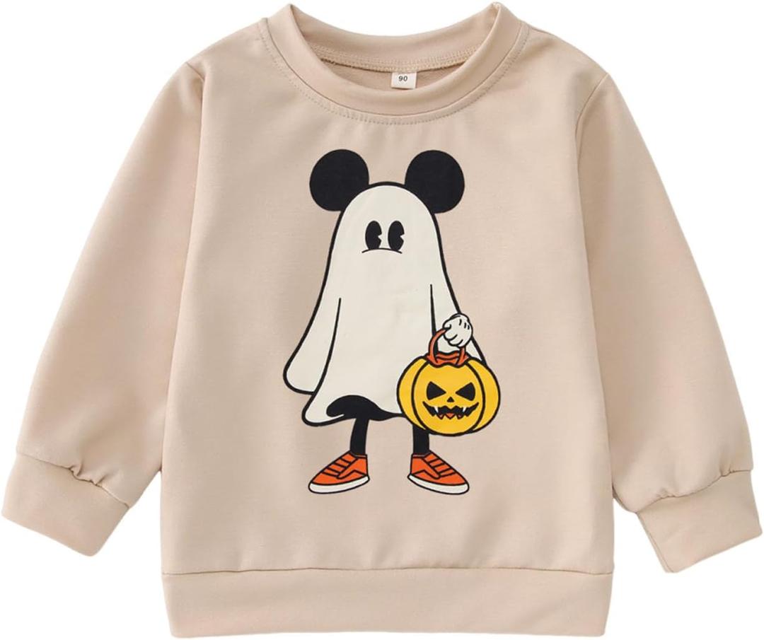 Toddler Baby Boy Halloween Sweatshirt Pumpkin Ghost Shirt Long Sleeve Spooky Season Crewneck Pullover Fall Tops (Beige)