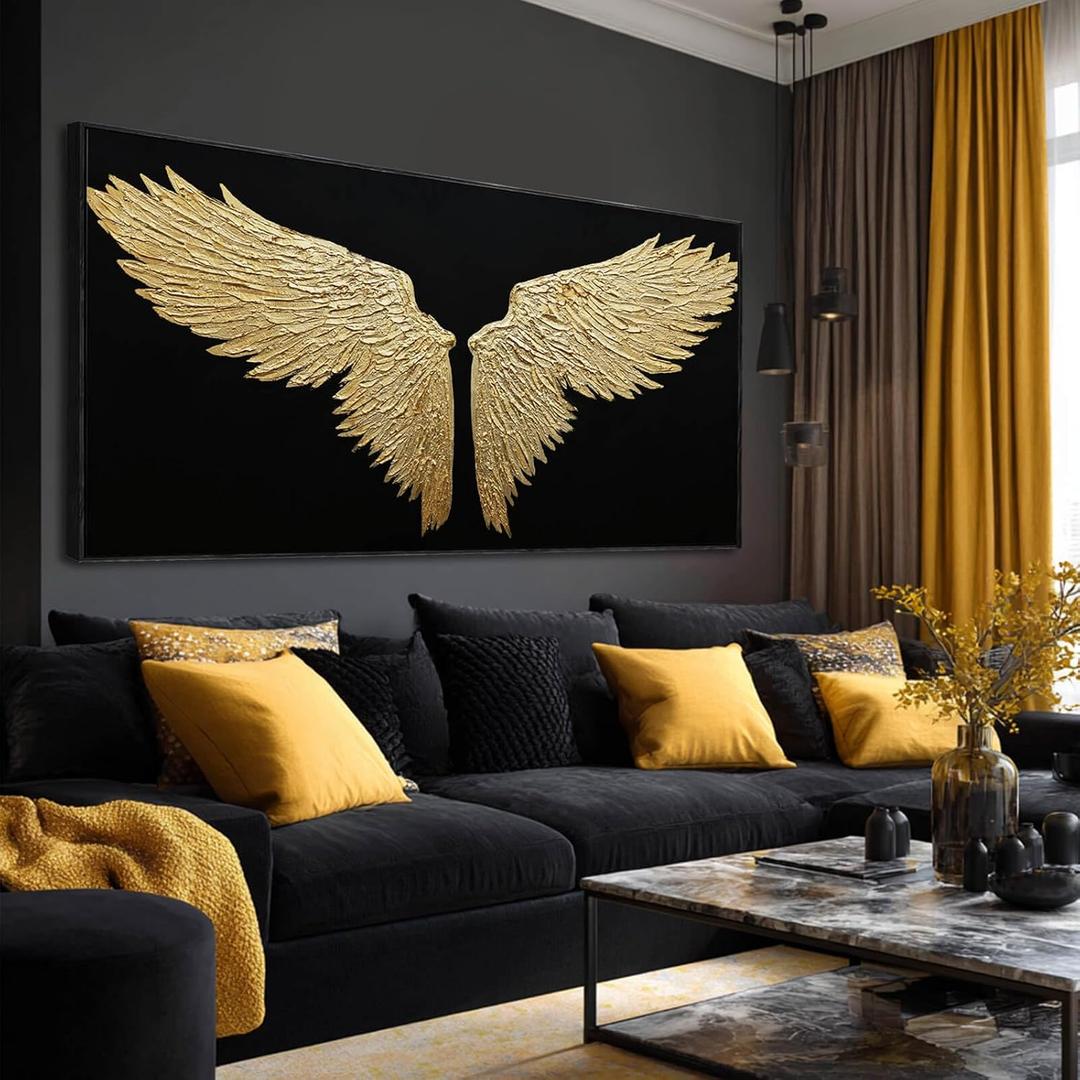 Black and Gold Pictures Wall Deocr Abstract Bird Painting Textured Canvas Art for Living Room Bedroom Office 24"x 48" Neutral Framed Artwork