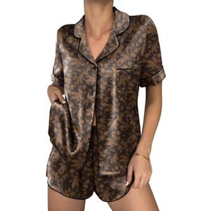 Ekouaer Womens Silk Satin Pajama Sets 2 Piece Button Down Silk Pjs Shorts Sets Short Sleeve Loungewear Soft Sleepwear S-XXL (Brown, L)