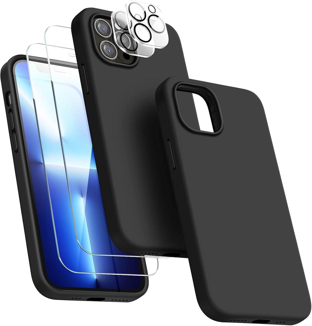 Dssairo [5 in 1 for iPhone 13 Pro Case, with 2 Pack Screen Protector + 2 Pack Camera Lens Protector, Liquid Silicone Ultra Slim Shockproof Protective Phone Case [Microfiber Lining] 6.1 (Black)