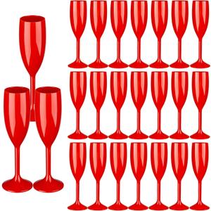 24pcs Red Champagne Flutes,6OZ Acrylic Champagne Glasses Plastic Goblets Wine Mimosa Glasses Wedding Toasting Shatterproof Reusable Vintage Champagne Flute Drinking Cups for Bridal Christmas Party