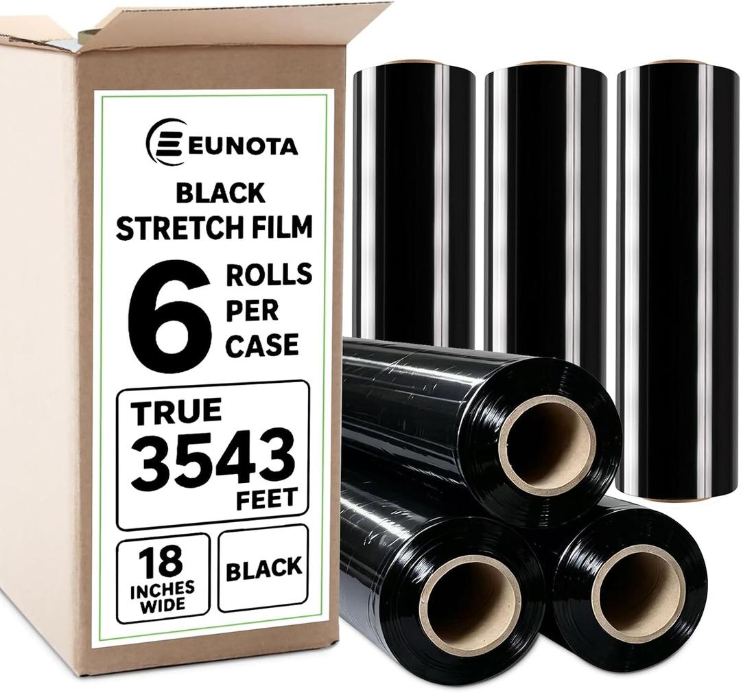 6 Pack Shrink Wrap Roll, 18 inch Wide Total 3546ft Industrial Stretch Film | Heavy Duty Shrink Wrap, Pallet Wrap for Furniture/Moving/Shipping/Packing/Transportation/Protection [Black]