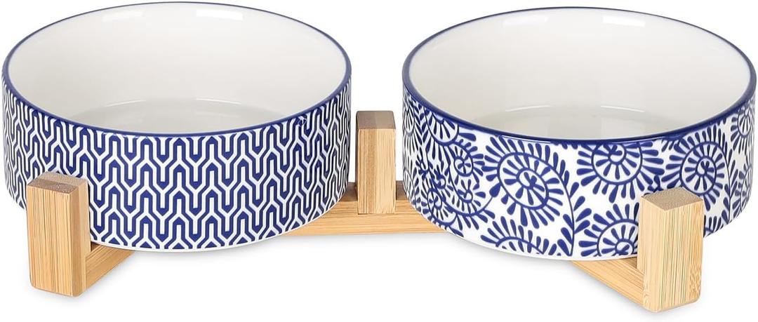 Selamica Ceramic 14 OZ Dog Bowls, Dog Food and Water Bowls with Wooden Stand, Anti-Slip Dogs Dishes Set for Cats & Small Dogs, Weighted Pet Bowls Set of 2, Vintage Blue B