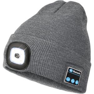Wmcaps Bluetooth Beanie with a Light, Unisex USB Rechargeable 4 LED Fashlight Hat with Cordless Headphones, Unique Christmas Birthday Gifts for Men Him Husband Teen Grey 