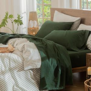 MooMee Bedding Sheet Set 100% Washed Cotton Linen Like Textured Breathable Durable Soft Comfy (Solid Forest Green, Queen)