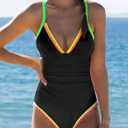 popvil One Piece Swimsuit 2025 Tummy Control Women Bathing Suit Shapewear Swimsuits Slimming Neon Cute Tie Back Swimwear (Black, M)