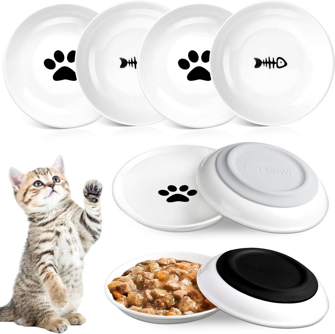 4 Pcs Cat Food Bowl Anti Beard Fatigue Cat Dishes with Nonslip Silicone Bottom Beard Friendly Ceramic Shallow Wide Kitten Plates for Food Water Indoor Small Dog Animals Pets Feeding
