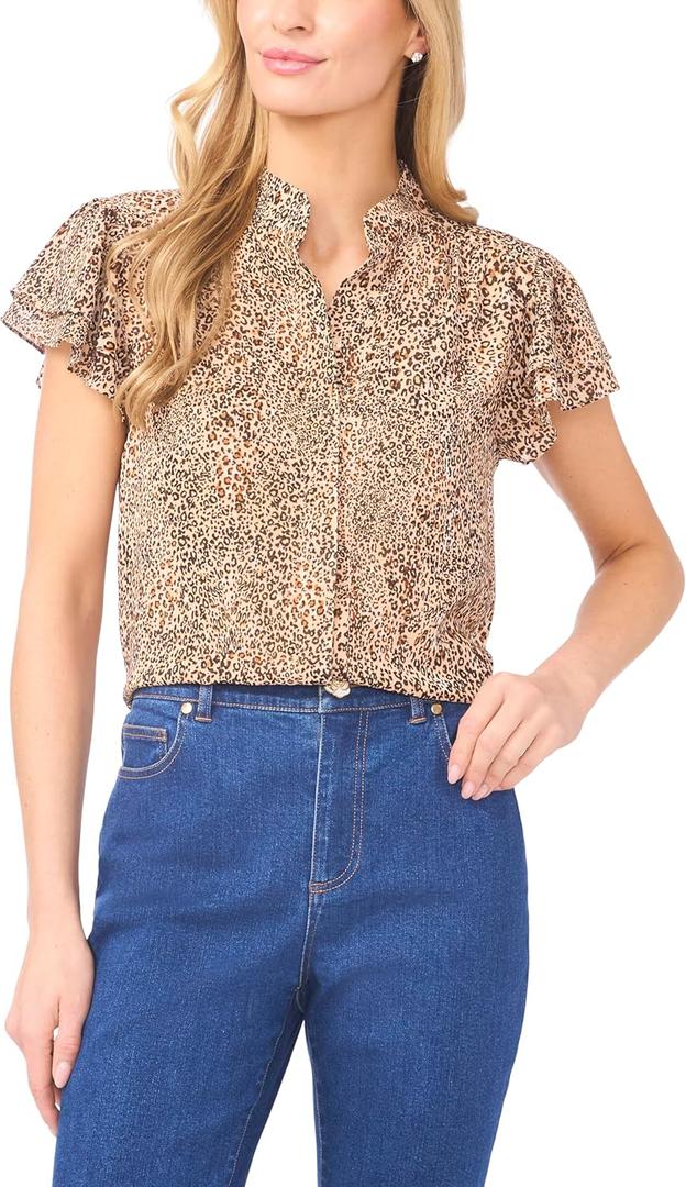 CeCe Women's Leopard Print Double Flutter Sleeves Open Collar Hidden Placket Top (M)
