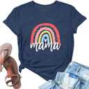 COLORFUL BLING Mom Shirt for Women Mama Letter Print Tshirt Rainbow Mother Graphic Top Short Sleeve Basic Tee, Navy 1, XL (Blue, XL)
