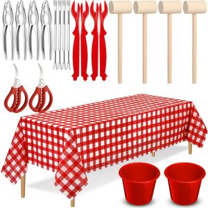 21 Pcs Seafood Tools Set Seafood Boil Party Supplies - Tablecloth Crab Crackers Scissors Lobster Sheller Hammer Shellfish Forks Cracker Red Plastic Bucket for Lobster Crab Food Party