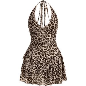 Women's Y2K Leopard Print Halter Dress Sexy Ruched Tie Backless Tiered Layer Mini Dresses Cheetah Mesh Ruffle Dress (Apricot and Brown) XL