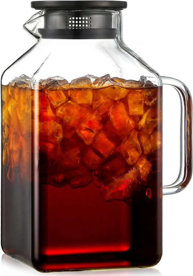 1 Gallon Square Glass Pitcher with Lid and Spout, Borosilicate Glass Carafe for Hot/Cold Drink, Water Pitchers with Handle for Fridge, Extra Large Jug for Iced Tea, Coffee, Juice, Beverage, Black 