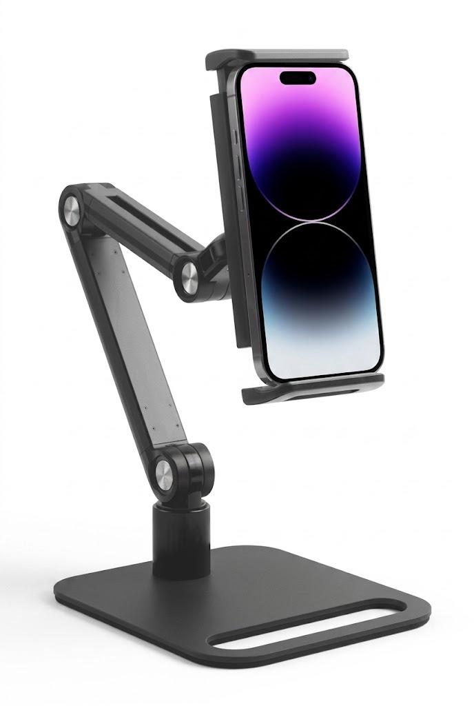 Premium Metal Desk Phone Stand, Adjustable Multi-Joint Folding Cell Phone Holder with Heavy Duty Base & Carbon Fiber Texture,   Ball Head, Foldable Arm, Compatible with iPhone, Samsung, and Other Devices — Black