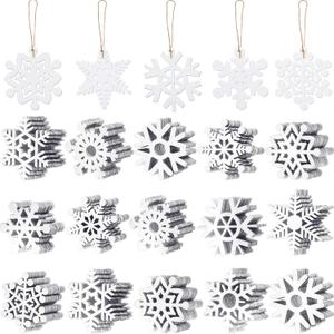 100 Pcs Christmas Unfinished Wooden Snowflake Ornaments Snowflake Hanging Cutouts Blank Wood Slices with Cord Craft Embellishments for Xmas Tree Decorations (White,3.1 Inches)