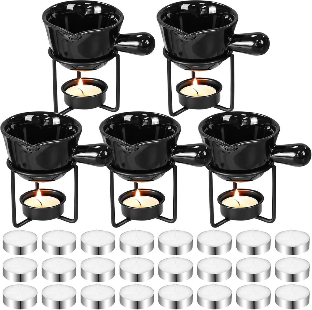 Yungyan 35 Pcs Ceramic Butter Warmers 5 Butter Warmers for Seafood with 25 Tealight Candles 5 Stand 2 oz Mini Simmer Pot Set for Sauce Chocolate Cheese Fondue Lobster Dishwasher Microwave Oven Safe