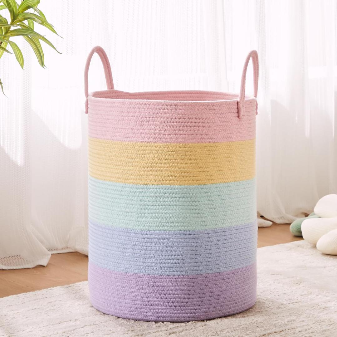 Rainbow Girls Kids Hamper Laundry Basket for Baby Nursery Clothes Blanket Basket for Toy Pastel Unicorn Woven Rope Hamper in Playroom Bedroom (Regular)