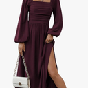 Floerns Women's Square Neck Lantern Long Sleeve Dress Split Ruched Party Midi Dresses Large