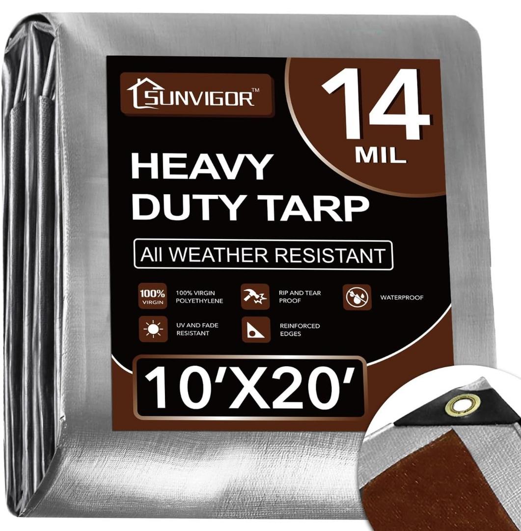 Sunvigor Tarp Waterproof 10x20Ft, Heavy Duty Tarp Cover Extra Thick 14 Mil Tear and UV Resistant, Outdoor Tarps with Grommets and Reinforced Edges for Roof, Camping, Patio, Pool, Boat (Silver/Brown)
