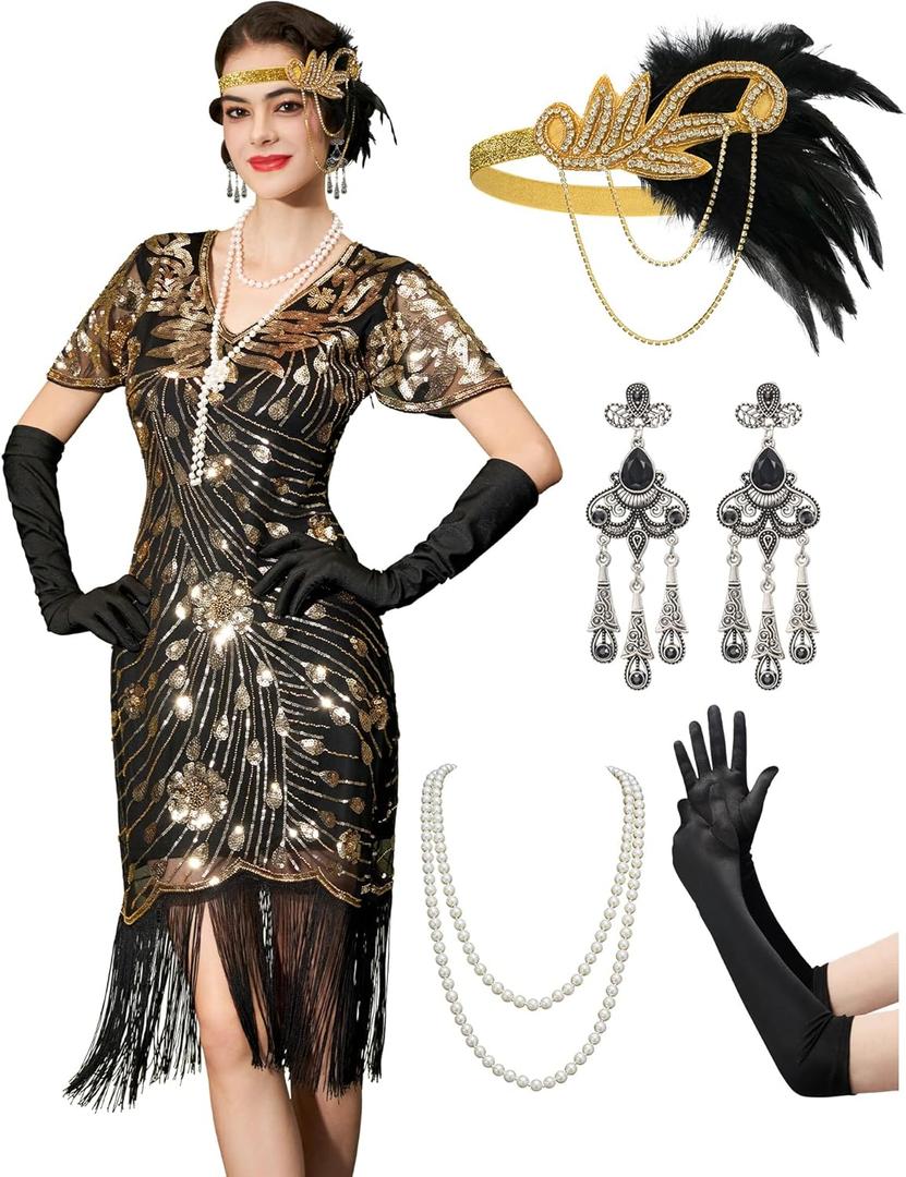 YESSA Flapper Dresses 1920s,Great Gatsby Dresses for Women Fringe Roaring 20s Costumes with 20s Accessories for Harlem Nights (Medium, Black Gold)