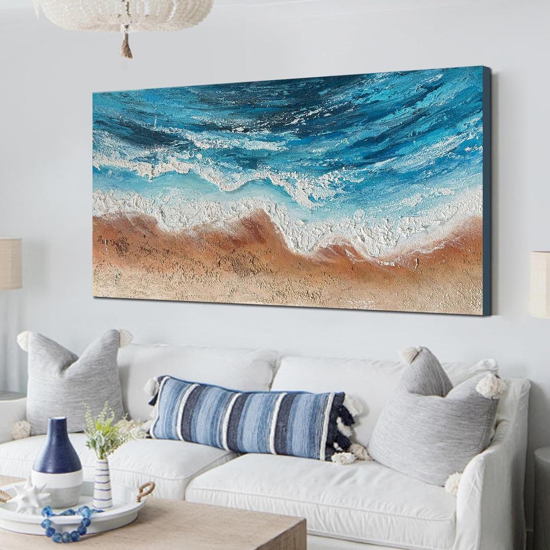 Tarfupth Blue Ocean Canvas Wall Art for Living Room Large Seascape Oil Painting for Bedroom Office Kitchen Modern White Waves Pictures Nature Artwork Ready to Hang 24"x48"