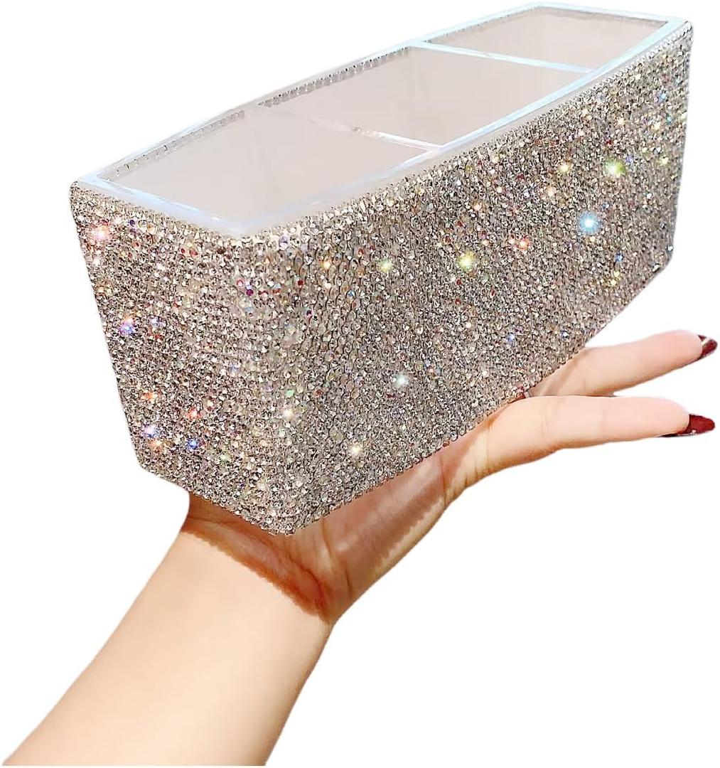 Luxury Bling Triple-Compartment Acrylic Makeup Brush Pen Holder Creative and Stylish Desk Organizer Storage Box for Eyebrow Pencils, Lipsticks (Silver)