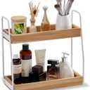 THYOI Acacia Wood 2-Tier Wooden Organizer Countertop, 15.4x6.7x14.6, Natural White with White Steel, Two-Tier Bathroom Organizer, Storage Organizer, Wooden Organizer, Countertop Storage Shelf