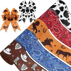 5 Rolls 25 Yards Cowboy Wired Edge Ribbon Blue Red Bandana Wildhorse Printed Fabric Ribbon for Gift Wrapping Bows Wreaths Making Crafts