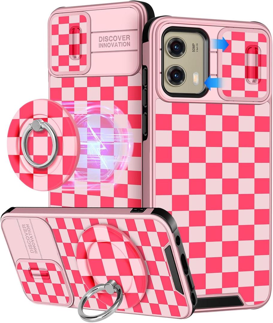 Buleens for Moto G Stylus 5G 2024 Case - with Ring Stand & Camera Cover Aesthetic Cute Designed Women Girls Unique Kawaii Girly Teens Phone Case for Motorola G Stylus 5G 2024 Compatible with Magsafe (Pink Plaid)