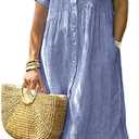 Chouyatou Women's Summer Striped Midi Long Shirt Dress Casual Loose Short Sleeve Button Down Dress (3X-Large, Blue)