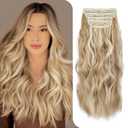 4PCS Synthetic Ash Blonde Highlighted Bleach Blonde Clip in Hair Extensions 20 Inch Long Wavy Synthetic Hair Extensions Thick and Full for Women
