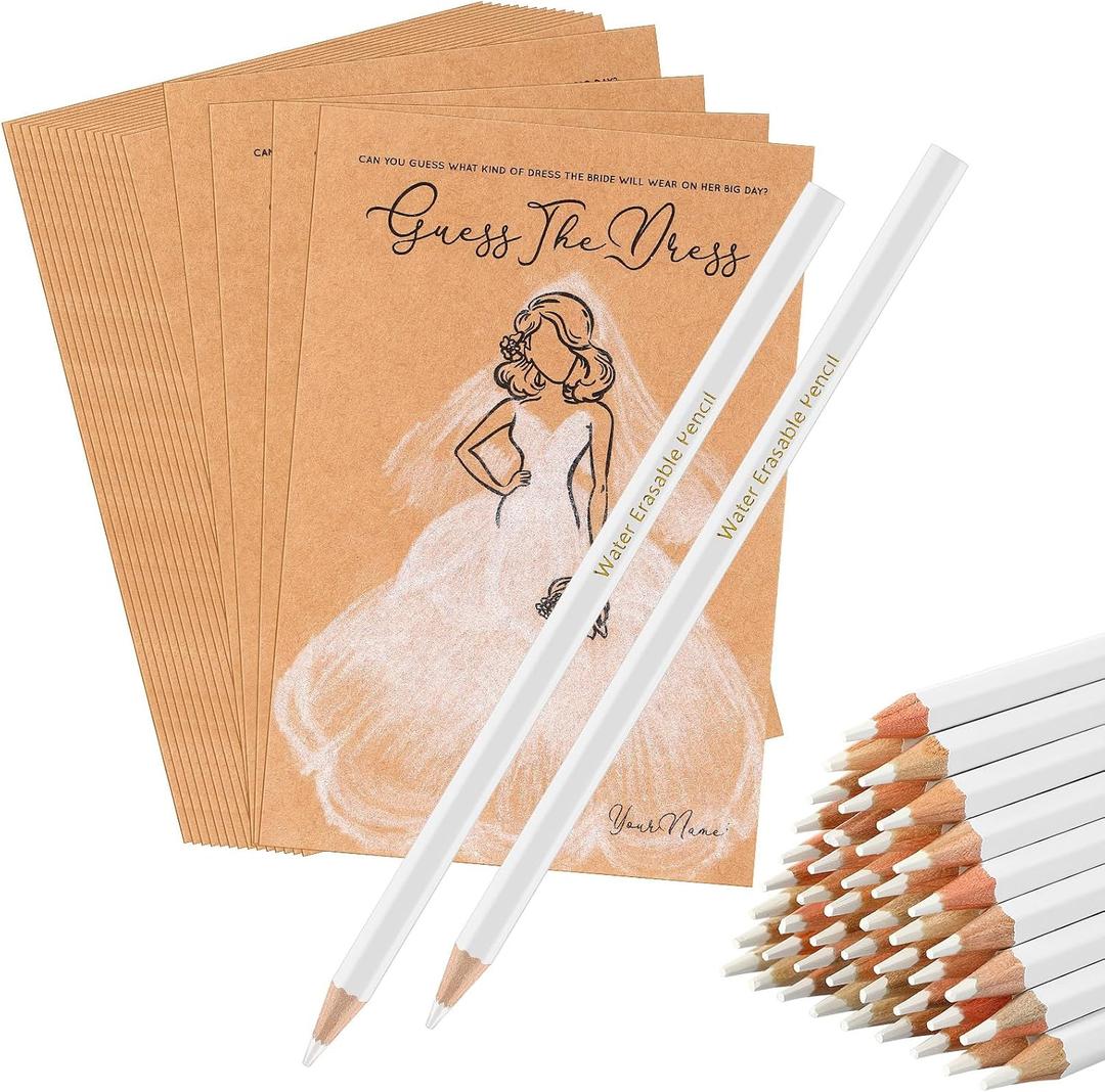 Fulmoon 50 Packs Guess The Dress Bridal Shower Games for Guests Include Wedding Shower Games Cards and Water Soluble Pencils Fun Wedding Decorations Party Supplies Games Ideas(Brown)