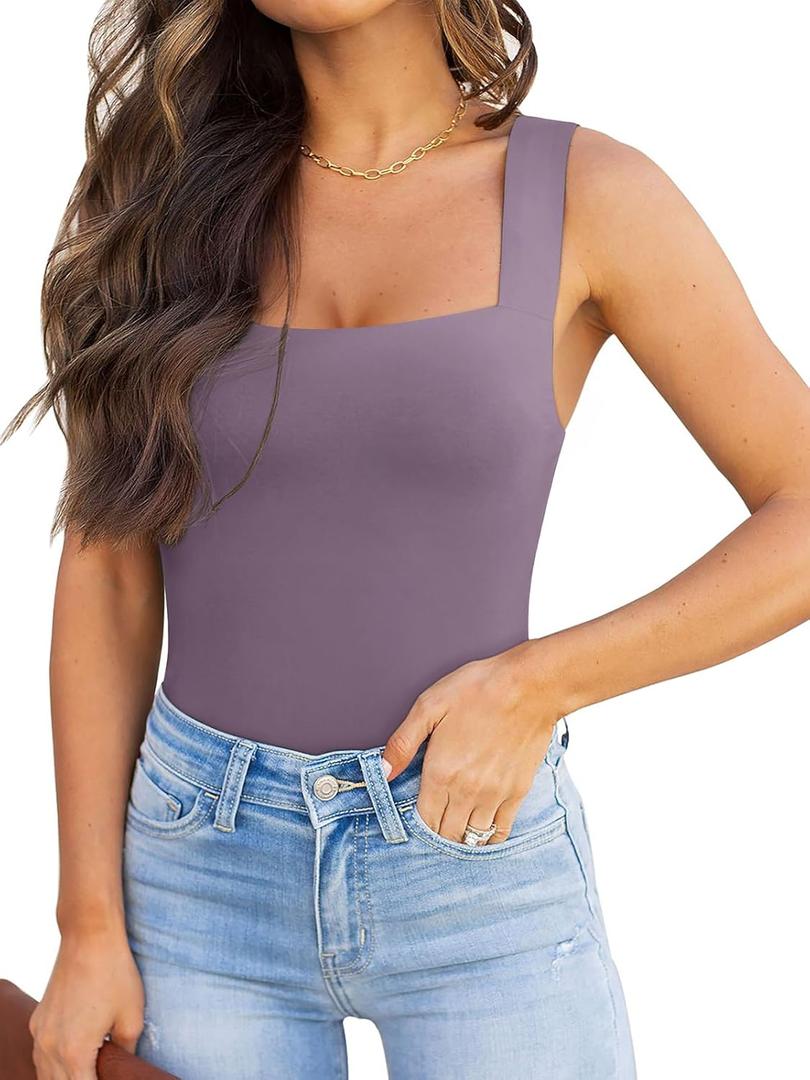 REORIA Butsmooth Womens Basic Sexy Square Neck Sleeveless Tank Tops Bodysuits Clubwear (Large, Hazy Lilac)