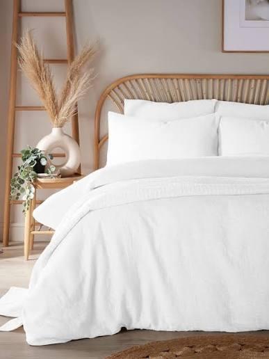 Cotton Duvet Cover Set, 100% Washed Cotton, Linen Like Textured, Breathable Durable Comfy Farmhouse Neutral Bedding Set, 3 Pieces, White
