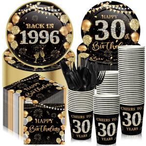 240 Pcs 30th Birthday Decorations 1996 Birthday Party Tableware Include Plates Napkins 9oz Cups Cutlery 30th Anniversary Party Supplies for Men Women Him Her, Serve 30 Guests (Black Gold)