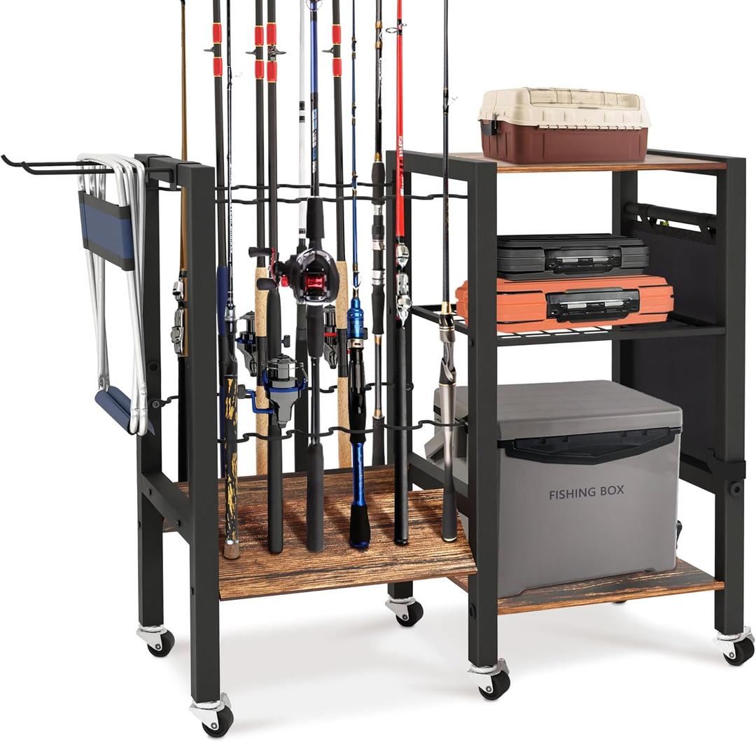 3-Tier Fishing Rod Holder, Garage Fishing Rod Rack, Fishing Rod Organizer for 12 Rods, Space Saving Fishing Pole Storage System for Garage Boat RV Basement, with Wheels Hooks and Storage Bag
