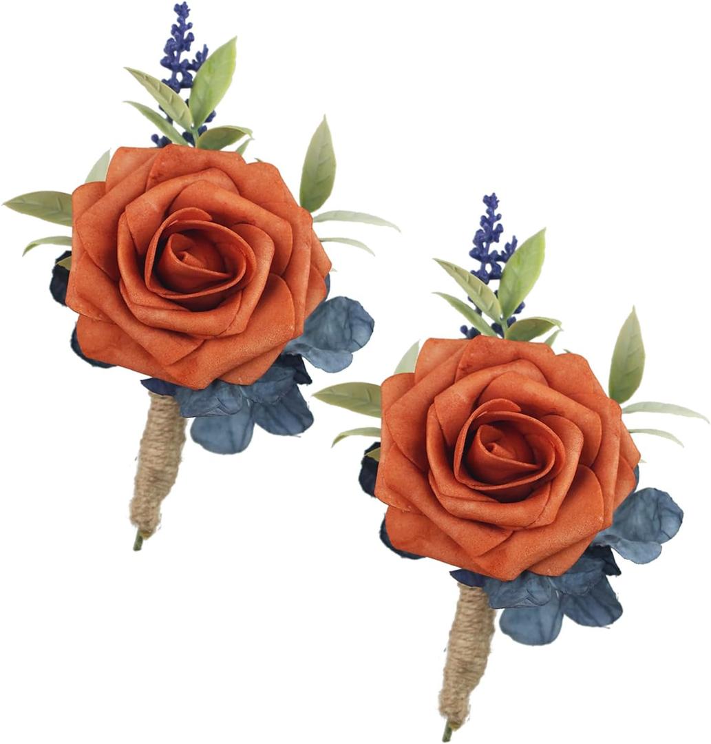 Rinlong 2Pcs Terracotta Navy Boutonniere with Pin for Men, Groom, Groomsmen | Fall Wedding, Prom, Homecoming