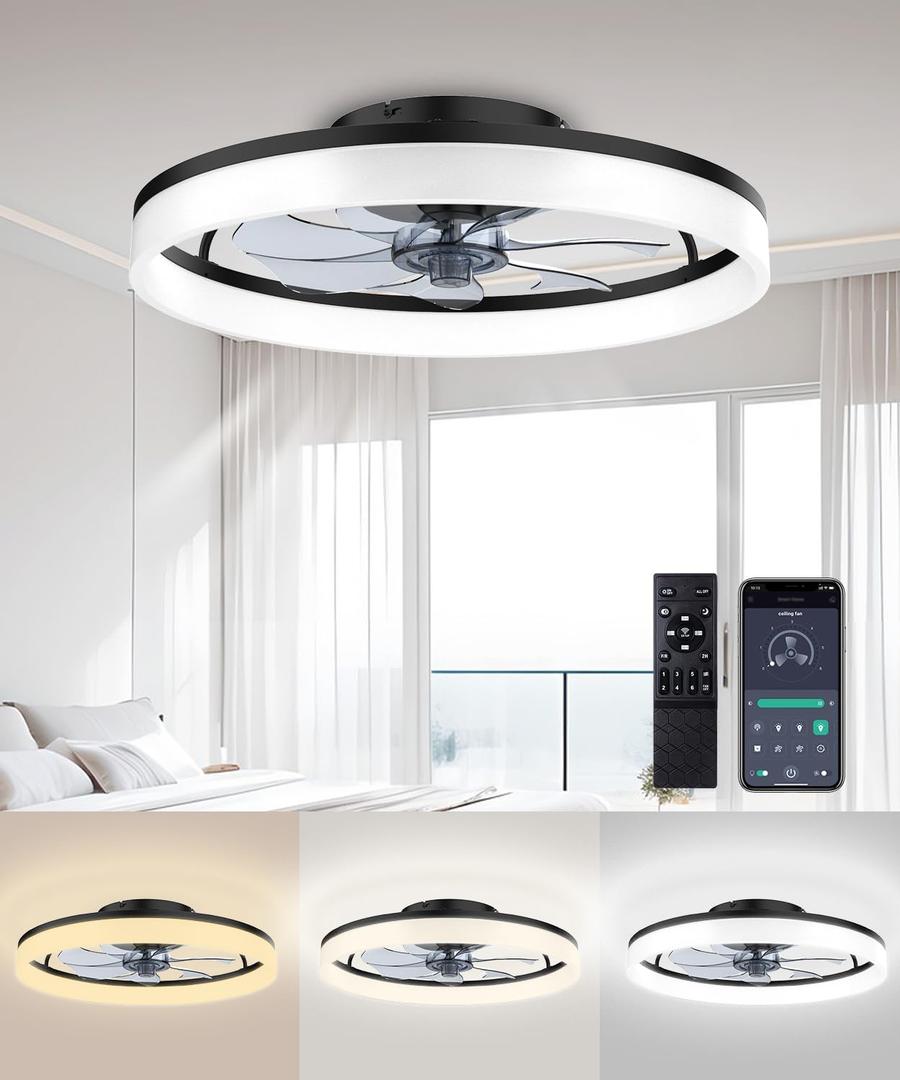 Ceiling Fans with Lights and Remote, 20" Modern Low Profile Ceiling Fan, 6-Speed Quiet Reversible Motor, Flush Mount LED Fan Light,Stepless Dimmable for Bedroom & Kids Room (Black)