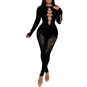 Womens Sexy Lace Mesh Jumpsuit Rhinestone Hollow Long Sleeve One Piece Bodysuit Club Party Outfits (Black) L/XL