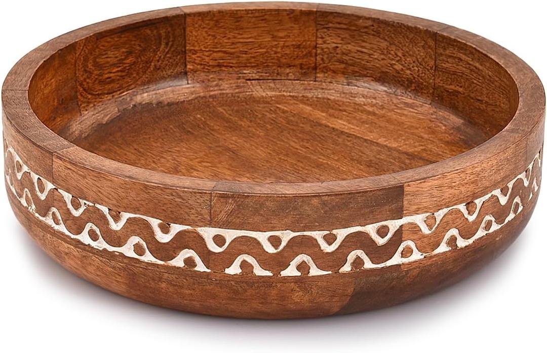 Samhita Mango Wood Round White Decorative Bowls for Rustic Home Decor Table Centerpieces Home Party Wedding Dcor (10" x 10" x 2.5")