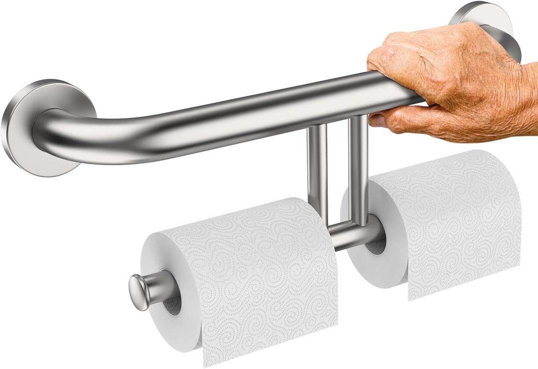 Grab Bar w/Double Toilet Paper Roll Holder Brushed Nickel, iHansee Stainless Steel Shower Support Balanced Support Handle, Wall Mounted Safety Handrail Grab Rail for Elderly Senior Handicap Disabled (17 inch)
