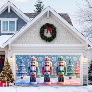 13x6ft Christmas Garage Door Cover Fairy Tale 3D Macaron Palette Nutcracker Candy Color Trees Snowflakes Checkerboard Floor Holiday Party Decorations Indoor Outdoor Wall Background