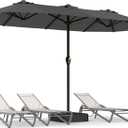 15FT Large Patio Umbrella with Base, Double Sided Rectangular Outdoor Umbrella with Sturdy Fiberglass Ribs, UPF 50+ Sun Protection, Wind-Resistant, Waterproof Fade-Resistant Fabric for Pool, Garden, Backyard, Deck(Gray)